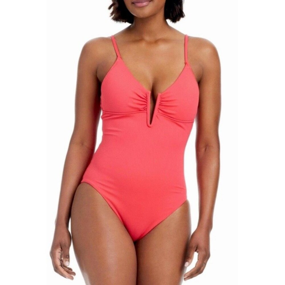 Bar III  V-Wire Plunge-Neck Bright Rose Swimsuit Size Large NWT $94